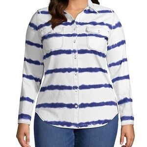 Lands' End Women's White and Blue Tie Dye Striped Denim Button Down Shirt Size M